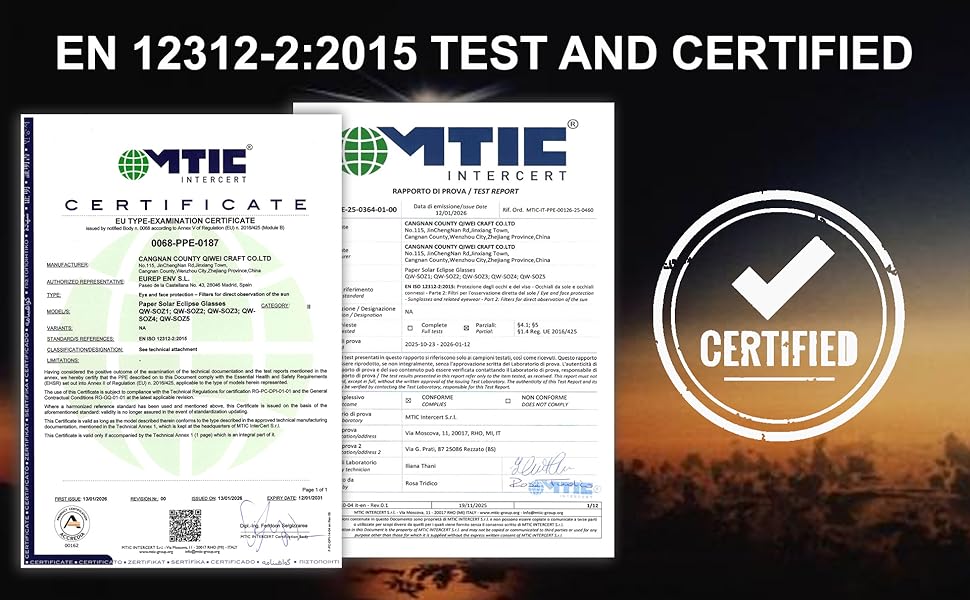 Efekol gafas eclipse solar homologadas (3 pack) - certificación ce y en iso 12312-2 - eclipse total 12 de agosto de 2026 5 Efekol gafas 12312-2 2015 test ce