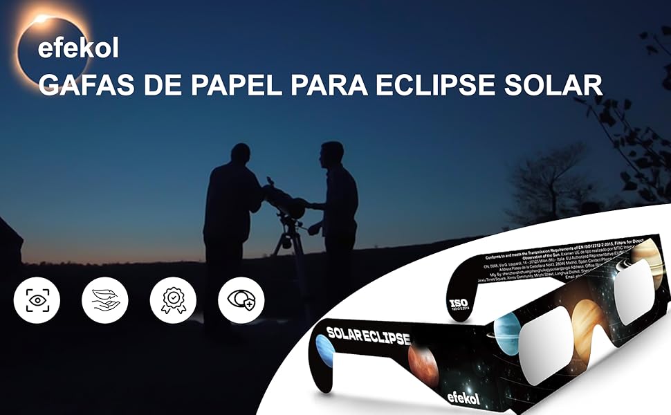 Efekol gafas eclipse solar homologadas (3 pack) - certificación ce y en iso 12312-2 - eclipse total 12 de agosto de 2026 2 Efekol gafas de papel para eclipse solar